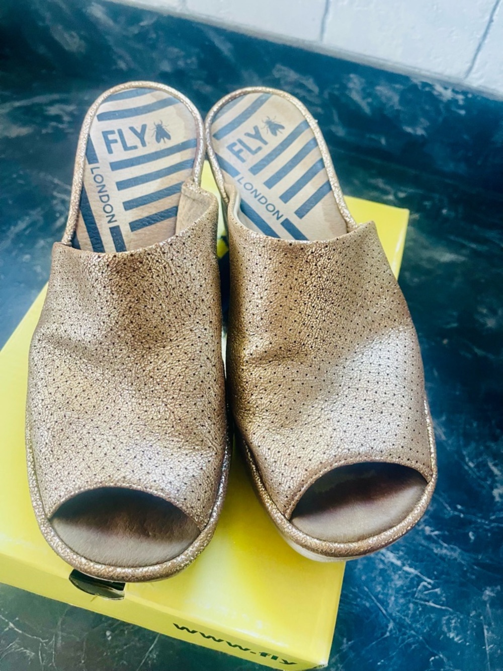 Fly London Metallic Bronze Open-Toe Mule Slides